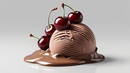 Cherry ice cream with cherry berries on white background. Ice cream with cherry sauce isolated for package of ice cream.