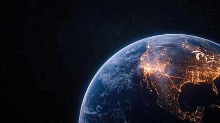 Earth with glowing network linked to digital internet technology concept. A stunning view of Earth from space, showcasing illuminated cities.