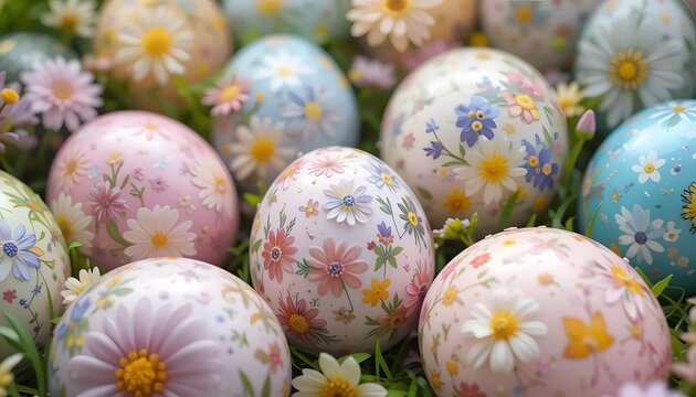Delicate floral Easter eggs nestled in spring grass, a pastel dream of springtime joy and celebration, showcasing soft natural light.