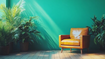 A sleek living room design with a dark teal wall, wooden floor, cozy leather armchair, and potted plants. The minimalist approach offers a relaxing space, reflecting elegance and contemporary indoor