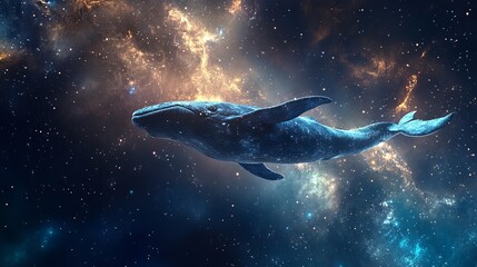 Fototapeta premium A majestic whale swims gracefully through a vibrant galaxy filled with stars and cosmic dust clouds