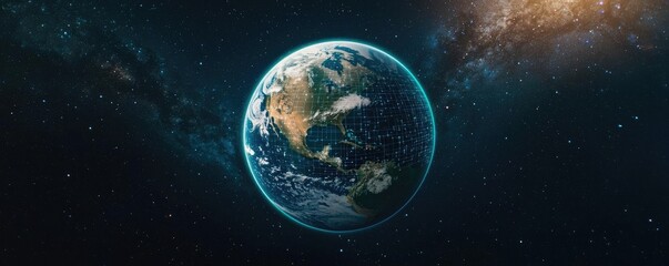 Obraz premium Earth with glowing network in cyberspace and digital cloud concept. A stunning view of Earth from space, showcasing its beauty.