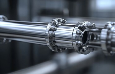 A detailed view of an industrial stainless steel pipe fitting in a contemporary workshop. The mechanical joint features nuts and bolts, set in a dynamic engineering setting with a gleaming metal