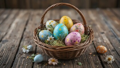 A charming wicker basket overflowing with vibrantly painted Easter eggs, nestled amongst springtime blossoms on a rustic wooden table, bathed in soft, warm light.