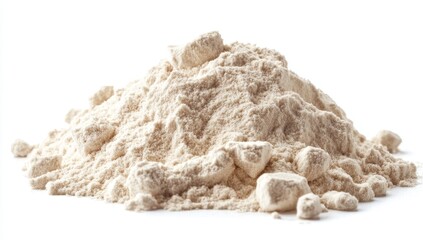 Obraz premium A pile of chickpea powder against a white background. A food component. A ground heap of cereal, raw grain, Indian protein for vegetarian nutrition, and vegan culinary recipes. Pea bean seeds for