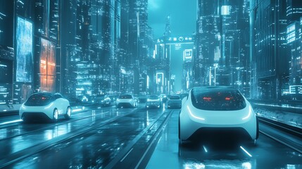 Cyberpunk Cityscape: Autonomous Vehicles Cruise Neon Streets