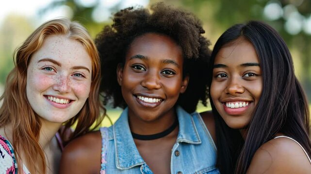 A tight portrait shows three smiling young women with different ethnicities outdoors.
Concept of: Radiant diverse faces.