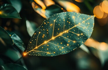 A conceptual graphic that ties together science, agriculture, and eco-technology, featuring a leaf integrated with a digital network and green energy. It covers a bio lab, agro-engineering,