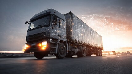 Cargo Truck Driving on Road with Double Exposure Effect