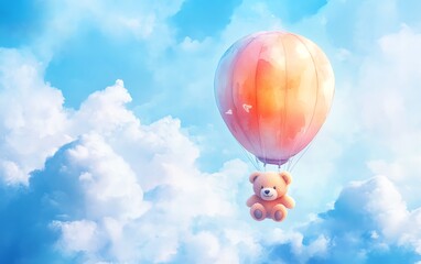 Fototapeta premium Playful teddy bear with watercolor details on a pastelcolored air balloon, flying high above clouds, joyful and serene, highresolution stock image, generative AI
