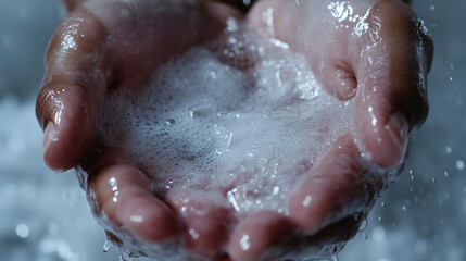 Two hands gently hold water filled with bubbles, showcasing the refreshing aspect of nature. This moment emphasizes the connection between humanity and water