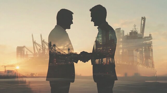 Double Exposure of Business Handshake Against Industrial Background