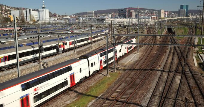 03-04-2025 Zurich, Switzerland. Passenger SBB train overhead view, the train track field as seen from Europe bridge, next to Altstetten station
