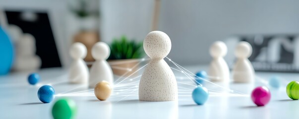 Wooden people figures forming a network on a white surface, human resource management strategy, minimalistic corporate theme, clear connections, highquality render, generative AI