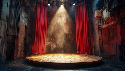 A yellow spotlight illuminates a circular area on the stage, set against a backdrop of red curtains. This scene is perfect for theatre, cinema, comedy, drama, or any entertainment show. It's an empty