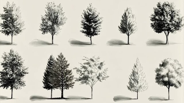Ten grayscale pencil sketches of various tree types