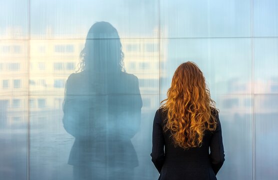 Near a wall, a young woman with curly red hair in a dark dress casts an impostor-like shadow, symbolizing psychological insecurity, doubt, and a lack of self-confidence