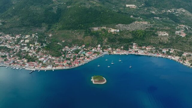 Lazareto island in Vathy village of Ithaca Island, Greece during sunrise