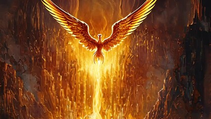 Fiery phoenix rising from volcanic chasm - Powered by Adobe