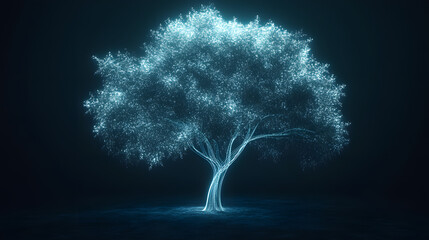 A minimalist glowing digital tree, with each branch and leaf represented by neon lines, set against a dark void
