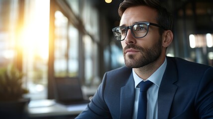Young businessman in formal attire, focused at modern desk, embodying professionalism and determination.
