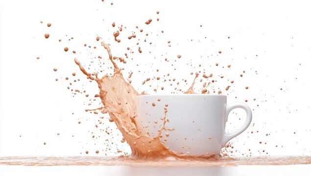 A close-up of a coffee drink with a splash. A fresh, hot caffeinated beverage in a cup on a white background. A morning coffee break with the aroma of caffeine. An energy boost
