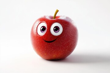 A cheerful, cartoon apple with big eyes and a happy smile, glistening with dew drops.