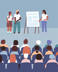 Team presenting their project to the audience. Demonstration of their work to other teams. Students performing in front of the audience. Flat vector illustration