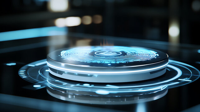 A futuristic AI powered personal assistant device, holographic projections responding to user commands, Tech lifestyle style