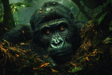 Obraz premium An illustration of a gorilla nest in its natural habitat, showcasing wildlife conservation