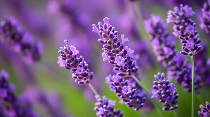 Obraz premium A close up view of vibrant purple lavender flowers in a field with a blurred background outdoors