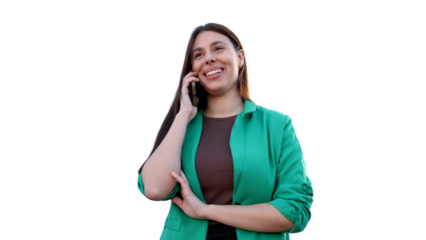 Smiling businesswoman talking confidently on smartphone, white background, professional communication gesture
