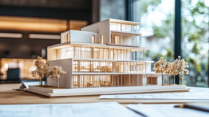 Glass house scale model in a sleek design studio, surrounded by technical drawings and a drafting desk.