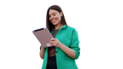 Businesswoman smiling while using digital tablet, isolated on transparent background