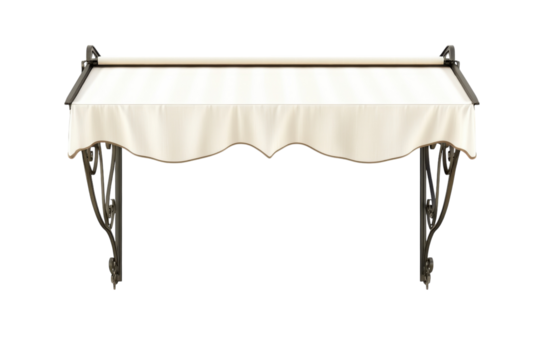 Elegant cream awning with ornate iron brackets perfect for adding shade and style to any home or