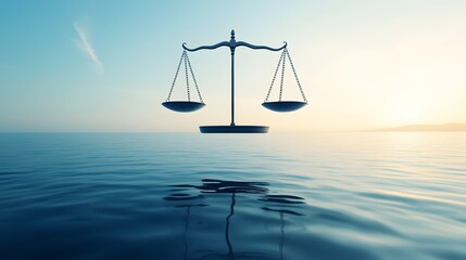 Justice scales float over tranquil ocean