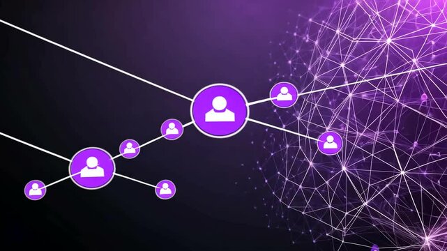 Global Network Connections  People linked in digital sphere, purple background, website design