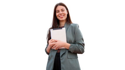 Professional businesswoman smiling, holding digital tablet, transparent background
