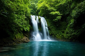 Lush waterfall cascading into a serene turquoise pool surrounded by vibrant greenery.