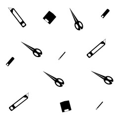 Seamless pattern with tools. Wallpaper with scissor, knife, cutter, needle and measurement instrument. Template of stationery isolated on white background.