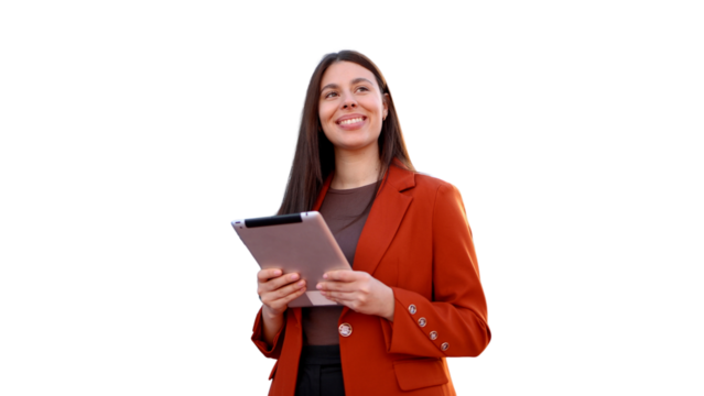 Happy businesswoman holding tablet and looking up, isolated on transparent background - Powered by Adobe