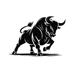Charging Bull Silhouette Logo – Powerful Aggressive Bull Vector Illustration in Black and White, Symbol of Strength, Finance, Sports, and Energy Branding