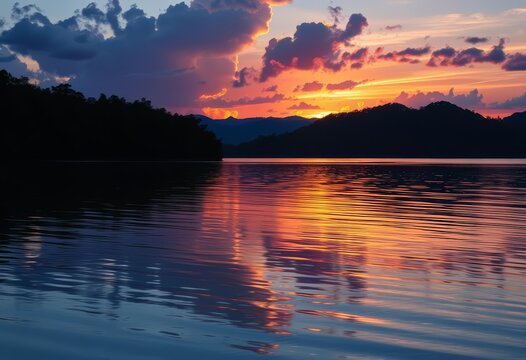 Laranja vibrante do p&ocirc;r do sol em Jacare, Jo&atilde;o Pessoa, PB, Brasil, refletindo na &aacute;gua calma; silhueta de montanhas ao fundo, viagem, sol