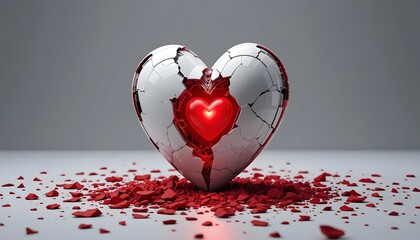 A shattered white heart reveals a glowing red core, symbolizing resilience and inner strength amidst heartbreak; rendered in a striking 3D style.