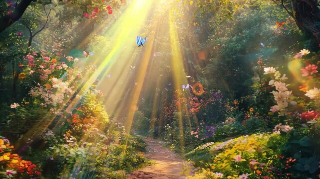 Magical sun beams in fairy-tale coniferous forest landscape nature. 