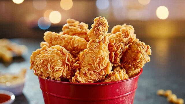 Juicy Fried Chicken in a Red Bucket Surrounded by Dipping Sauces, Perfect for a Family Feast or Gatherings for Food Lovers and Culinary Enthusiasts