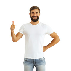 Fototapeta premium Confident man in a plain white shirt giving a thumbs up with a cheerful expression on a transparent background