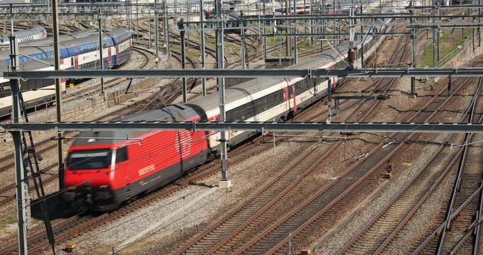 03-04-2025 Zurich, Switzerland. Passenger SBB train overhead view, the train track field as seen from Europe bridge, next to Altstetten station
