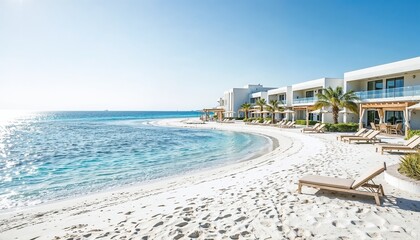 Obraz premium Serene beach resort with luxurious loungers by clear blue water 
