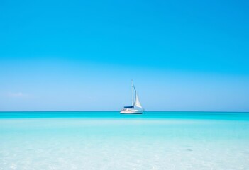 Obraz premium Lone sailboat on calm, azure ocean under clear blue sky, space, sea